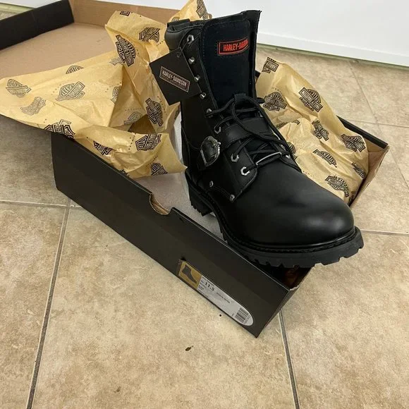 Harley Davidson Mens Black 100% Leather Motorcycle Boots New in Box - Picture 2 of 7